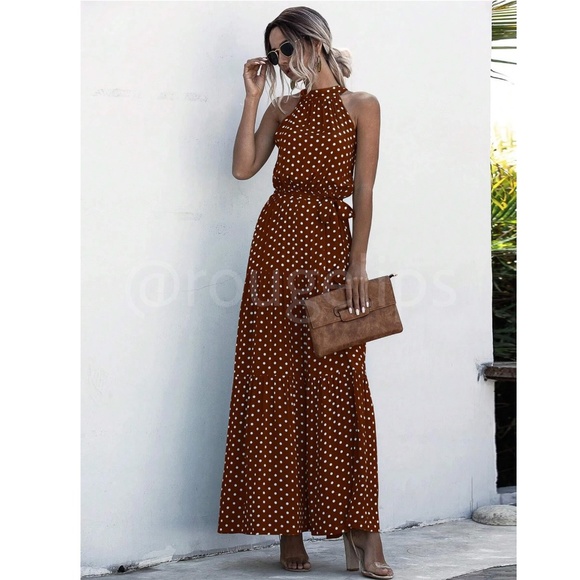 Polka Dot Brown Maxi Dress Tie Belt High Halter Neck - Picture 2 of 8